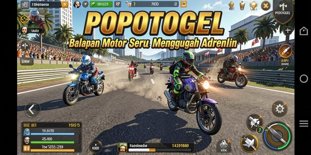 Gameplay seru dari POPOTOGEL yang menampilkan balapan motor yang mendebarkan.