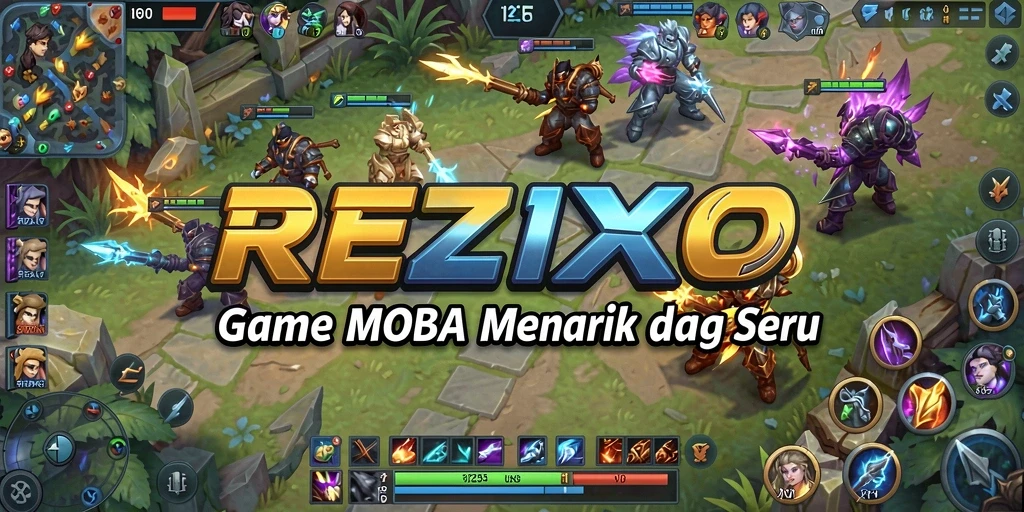 Tampilan screenshot utama REZIXO menampilkan aksi seru dalam pertempuran MOBA.